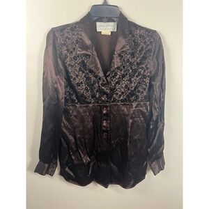 VTG Giorgio Fiorlini Collection Brown Satin Floral  Button Up Blouse Shirt‎ M